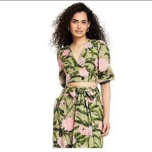 NWT Agua Bendita X Target Green, Pink Peony Floral Tie Wrap Top XXS